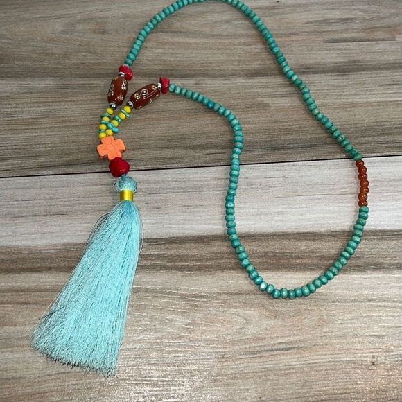 Mala Following Dreams Turquoise Color Bead and Wood Necklace - Picture 1 of 9